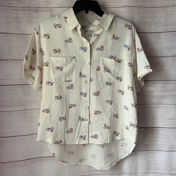 Rae Dunn Women's Linen Bicycle Pattern Button Up Shirt Short Sleeve Collar Large - Picture 15 of 16